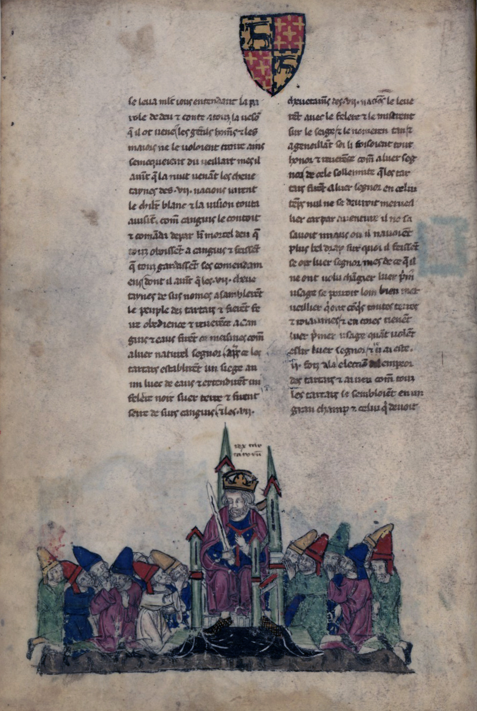 Fig. 2 Rey de los tártaros. Haitón de Córico. La Fleur des Histoires, París, BnF, ms. N.a.f. 886, f. 14v, © Bibliothèque nationale de France.